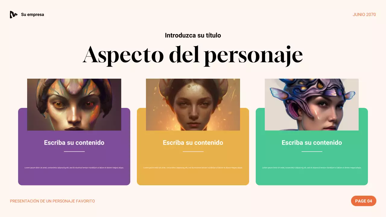 Presentación de personaje favorito con estética púrpura, verde y naranja