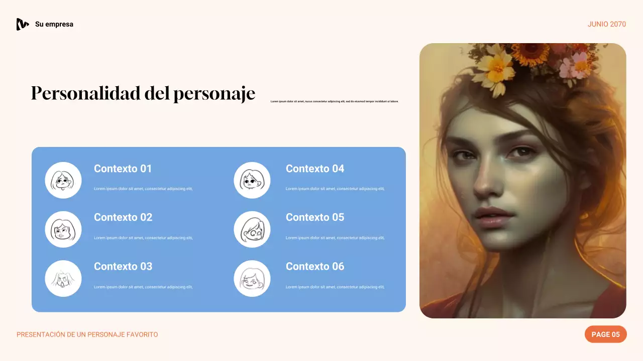Presentación de personaje favorito con estética púrpura, verde y naranja