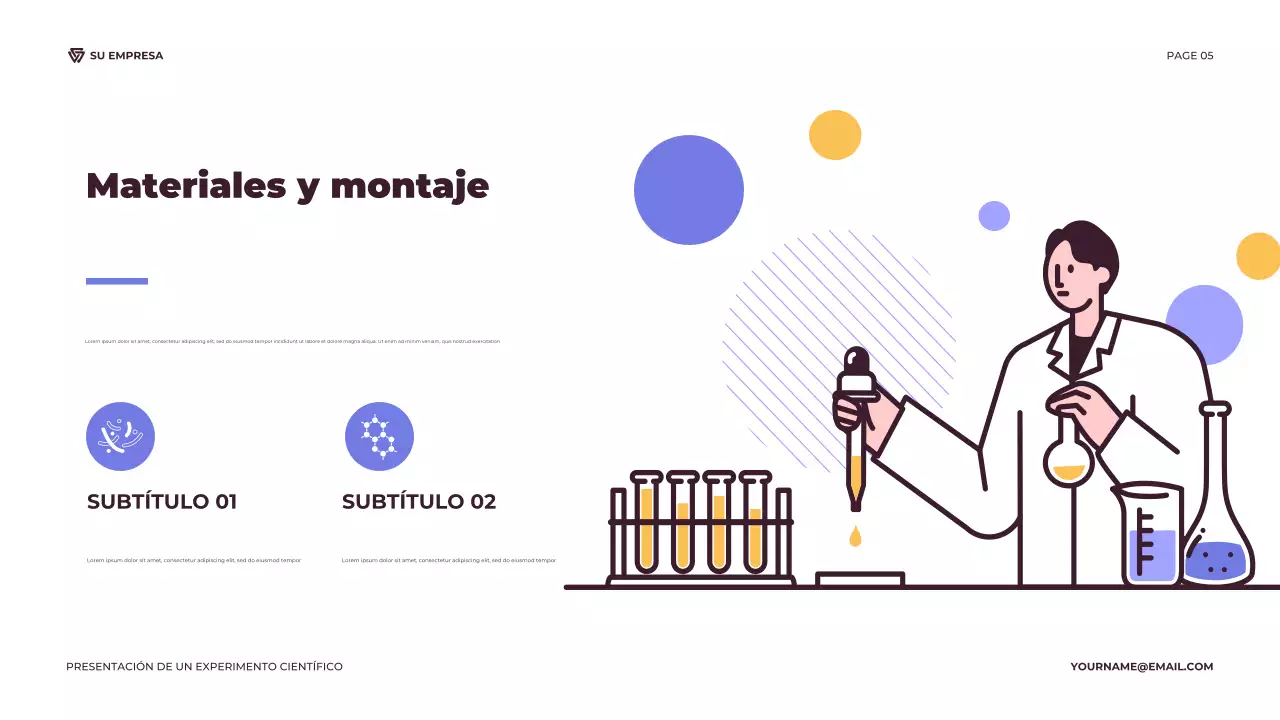 Presentación ilustrativa de un experimento científico en tonos morado y naranja