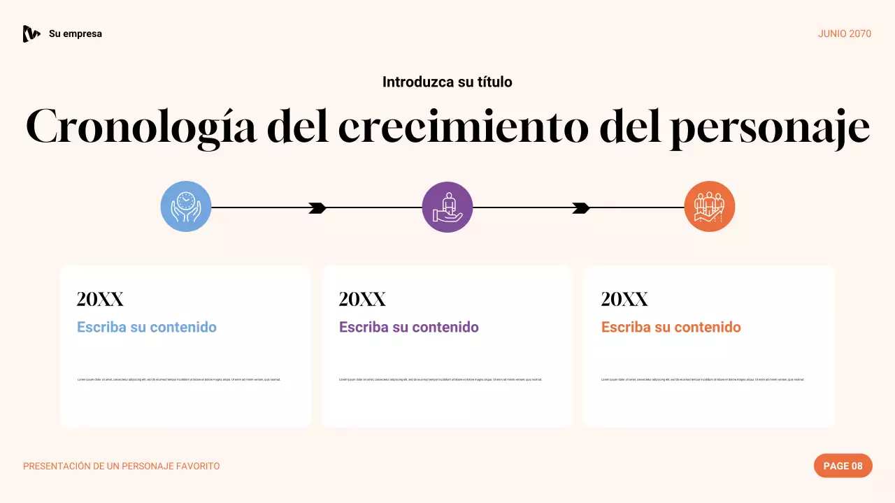 Presentación de personaje favorito con estética púrpura, verde y naranja