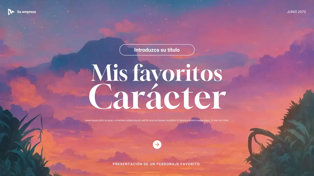 Presentación de personaje favorito con estética púrpura, verde y naranja