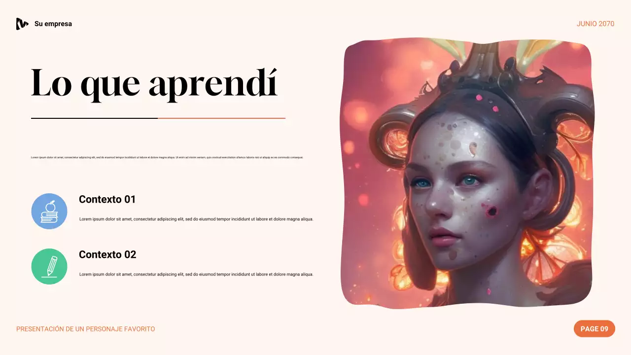 Presentación de personaje favorito con estética púrpura, verde y naranja