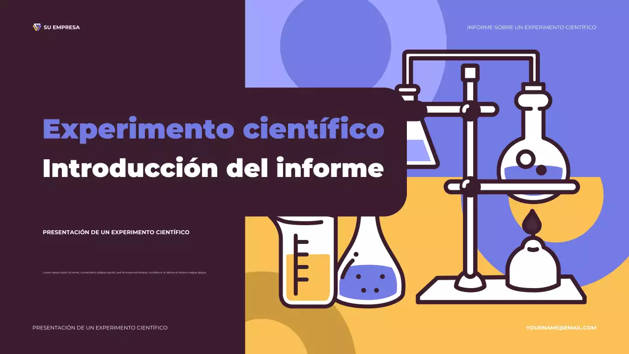 Presentación ilustrativa de un experimento científico en tonos morado y naranja