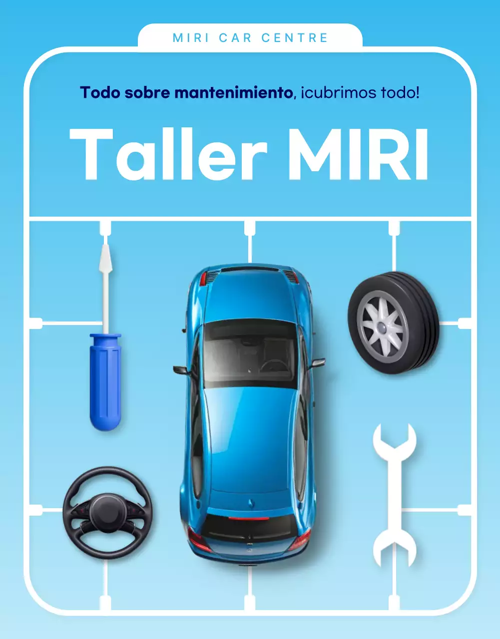 Anuncio de reparación de automóviles modernos en azul cielo