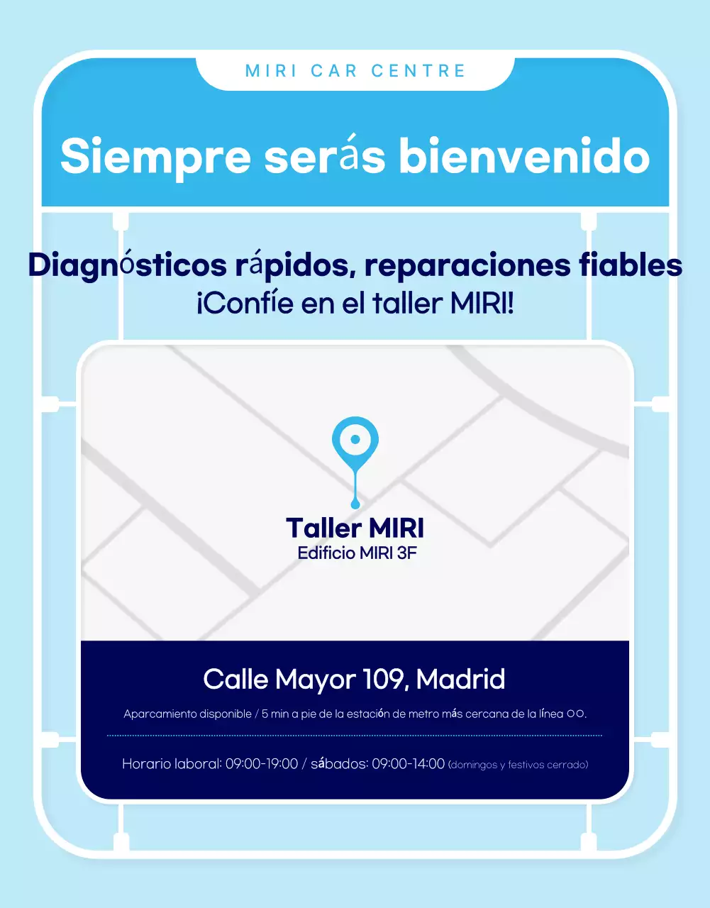 Anuncio de reparación de automóviles modernos en azul cielo