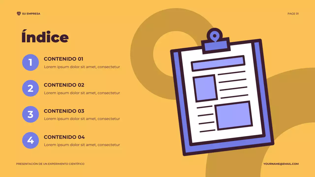 Presentación ilustrativa de un experimento científico en tonos morado y naranja