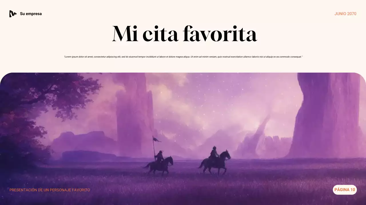 Presentación de personaje favorito con estética púrpura, verde y naranja