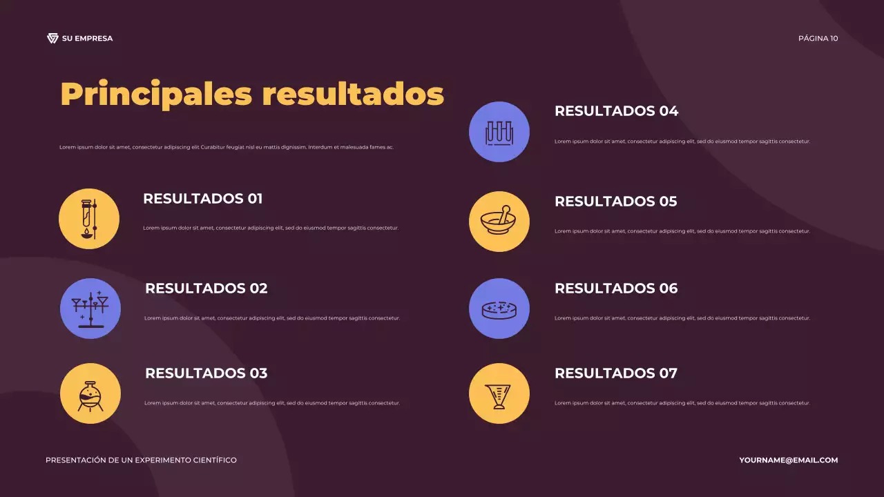 Presentación ilustrativa de un experimento científico en tonos morado y naranja