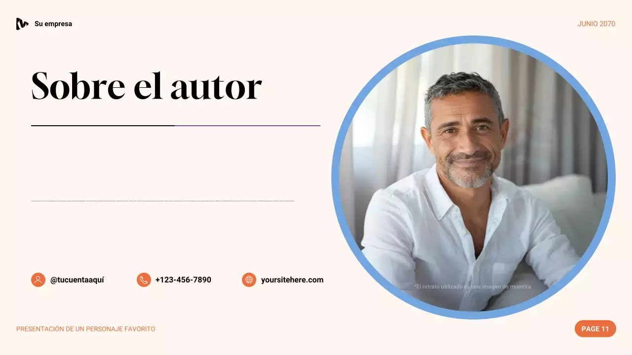 Presentación de personaje favorito con estética púrpura, verde y naranja