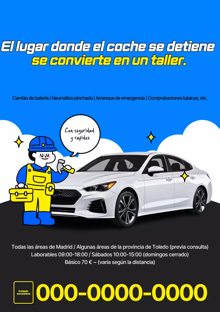 Anuncio de taller de reparación de automóviles en estilo pop art azul y amarillo
