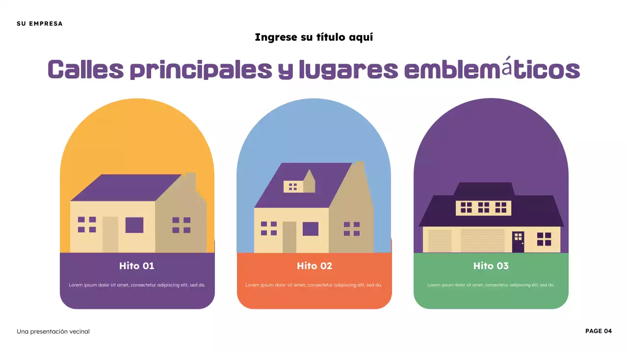Presentación ilustrativa del vecindario naranja y morado