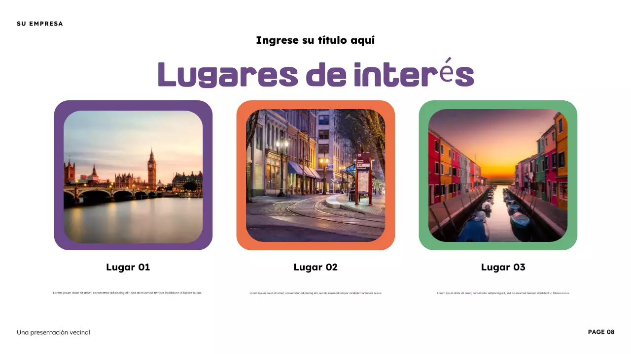 Presentación ilustrativa del vecindario naranja y morado