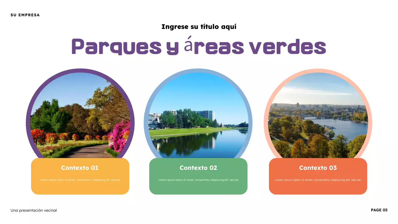 Presentación ilustrativa del vecindario naranja y morado