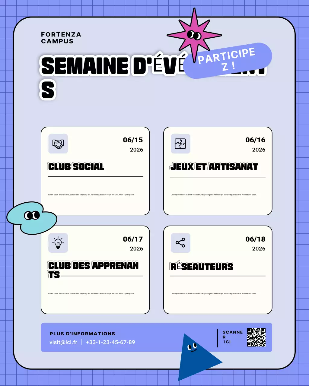 Annonce d'événements sur un campus moderne et coloré