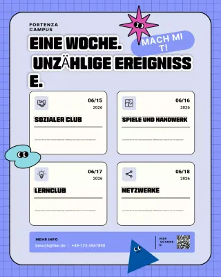 Ankündigung farbenfroher, moderner Campus-Veranstaltungen