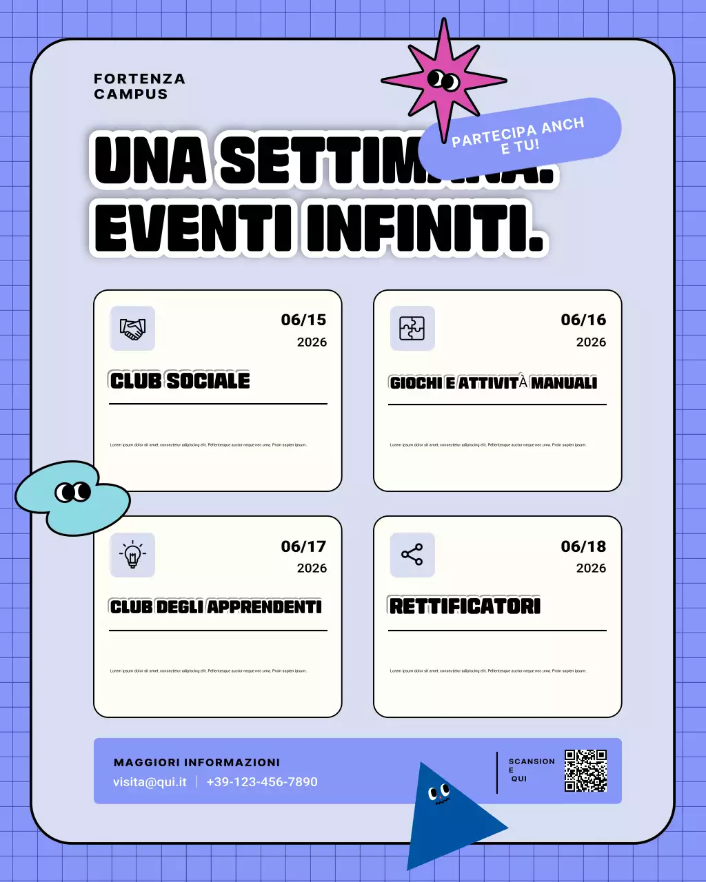 Annuncio di eventi moderni e colorati nel campus