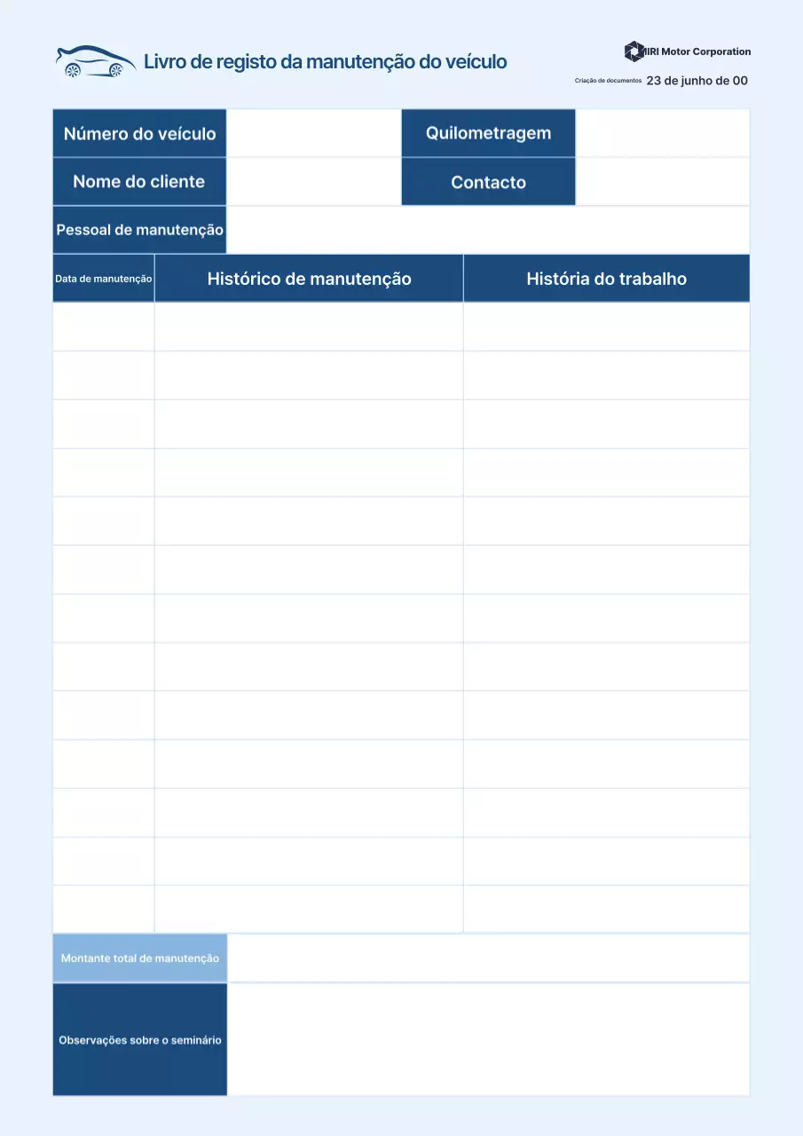 Registro de manutenção de veículos limpos Sky Blue