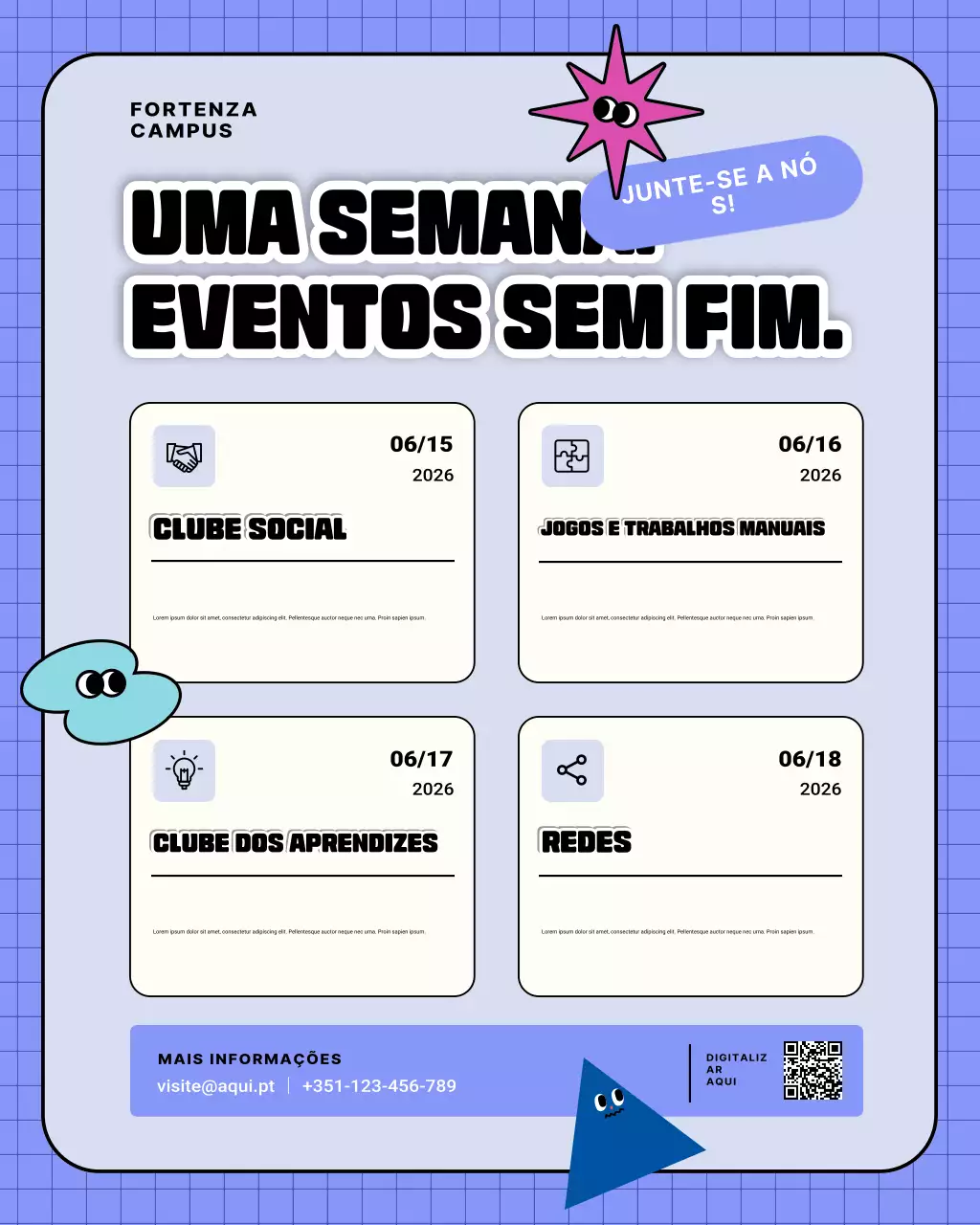 Anúncio de eventos coloridos no campus moderno