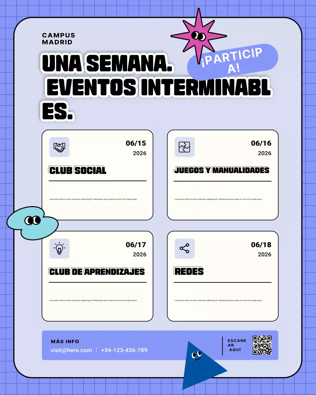 Anuncio de eventos en un campus moderno y colorido