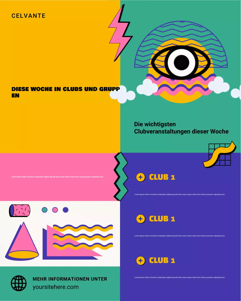 Ankündigung farbenfroher Retro-Clubveranstaltungen