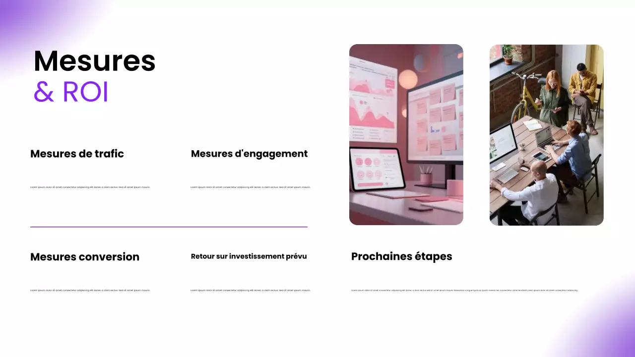 Présentation de conseils pour une présence en ligne sur un pitch deck moderne et violet