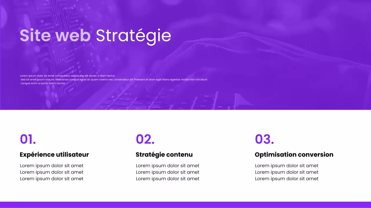 Présentation de conseils pour une présence en ligne sur un pitch deck moderne et violet