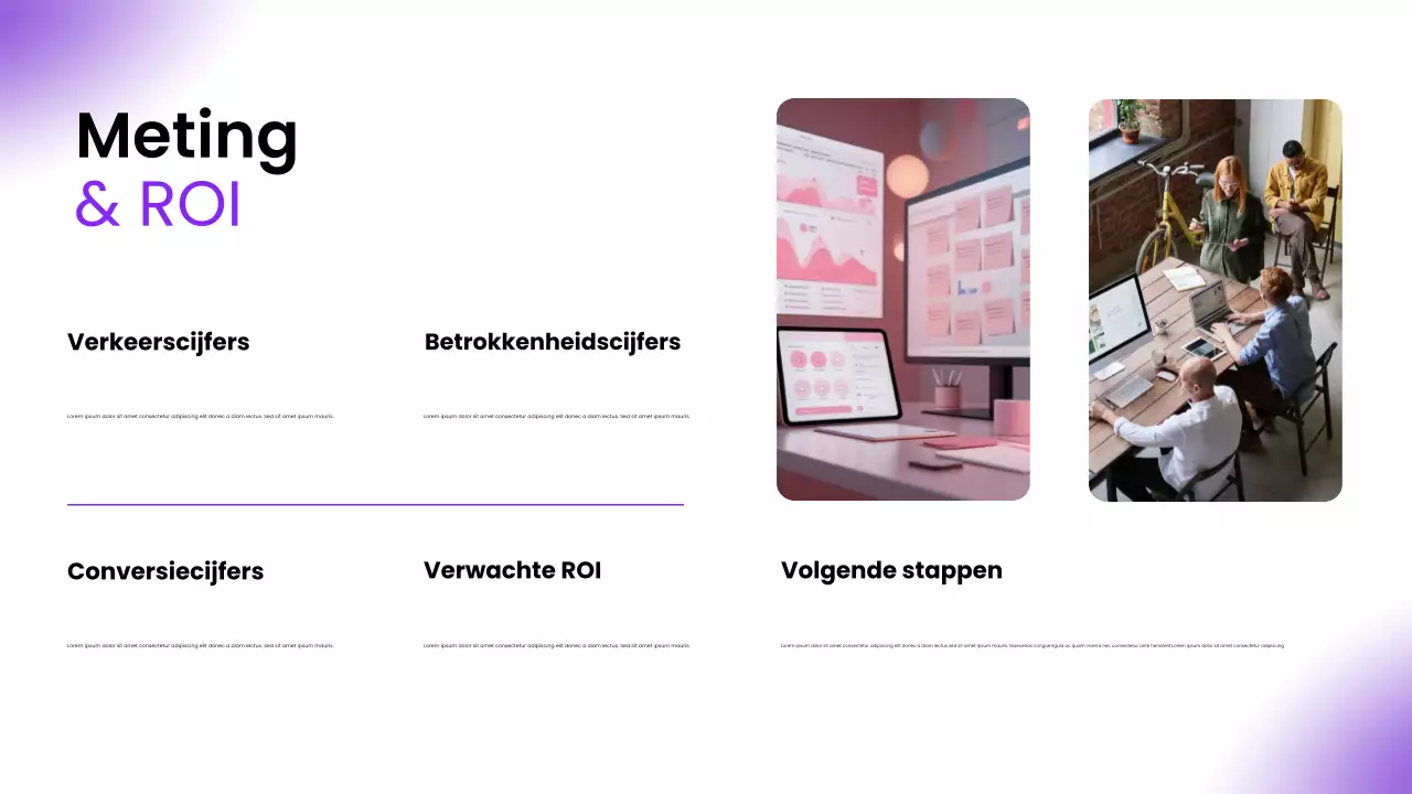 Paarse moderne pitch deck voor online aanwezigheidstips