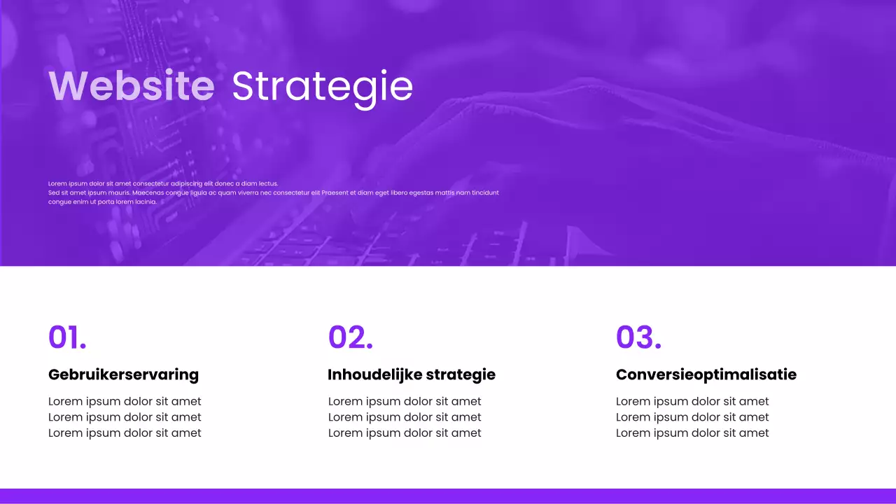 Paarse moderne pitch deck voor online aanwezigheidstips