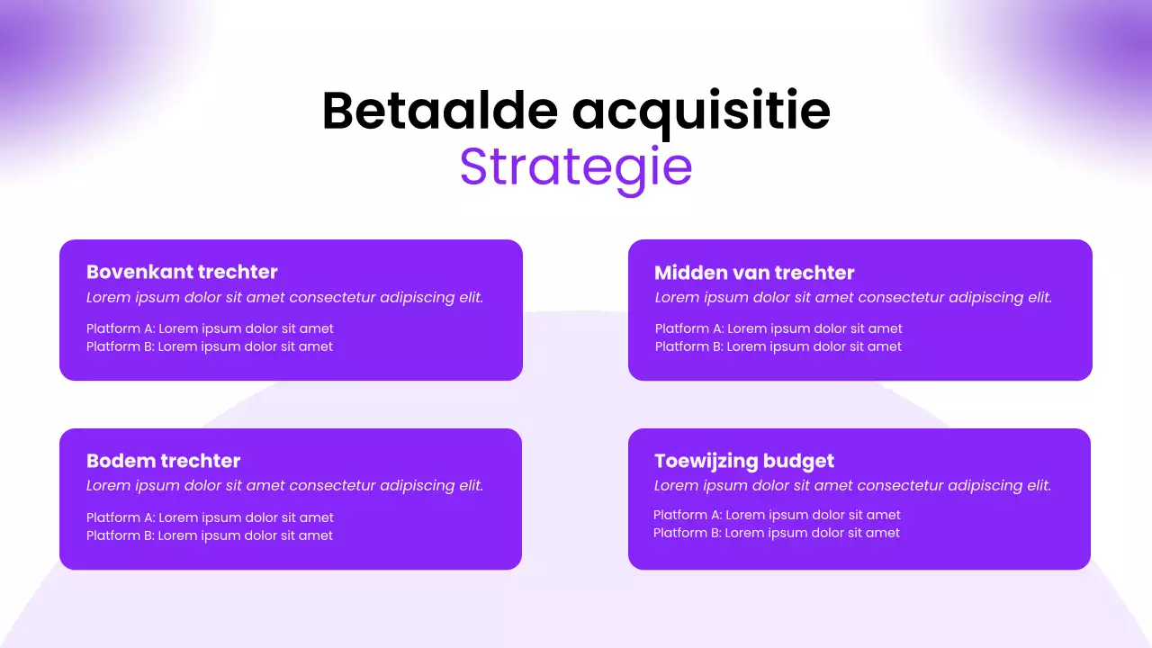 Paarse moderne pitch deck voor online aanwezigheidstips