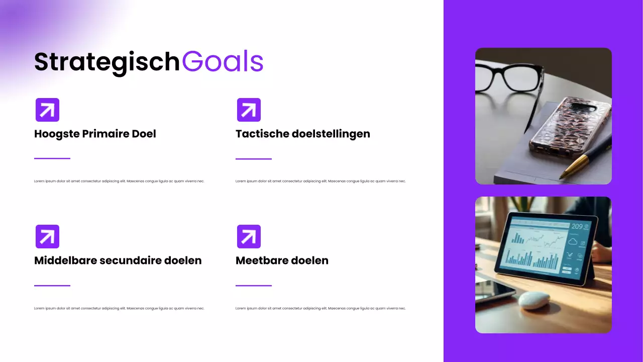 Paarse moderne pitch deck voor online aanwezigheidstips