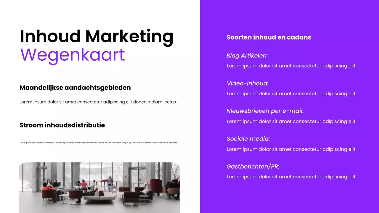 Paarse moderne pitch deck voor online aanwezigheidstips