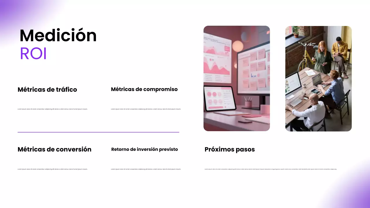 Presentación de Pitch Deck moderno morado para consejos de presencia online