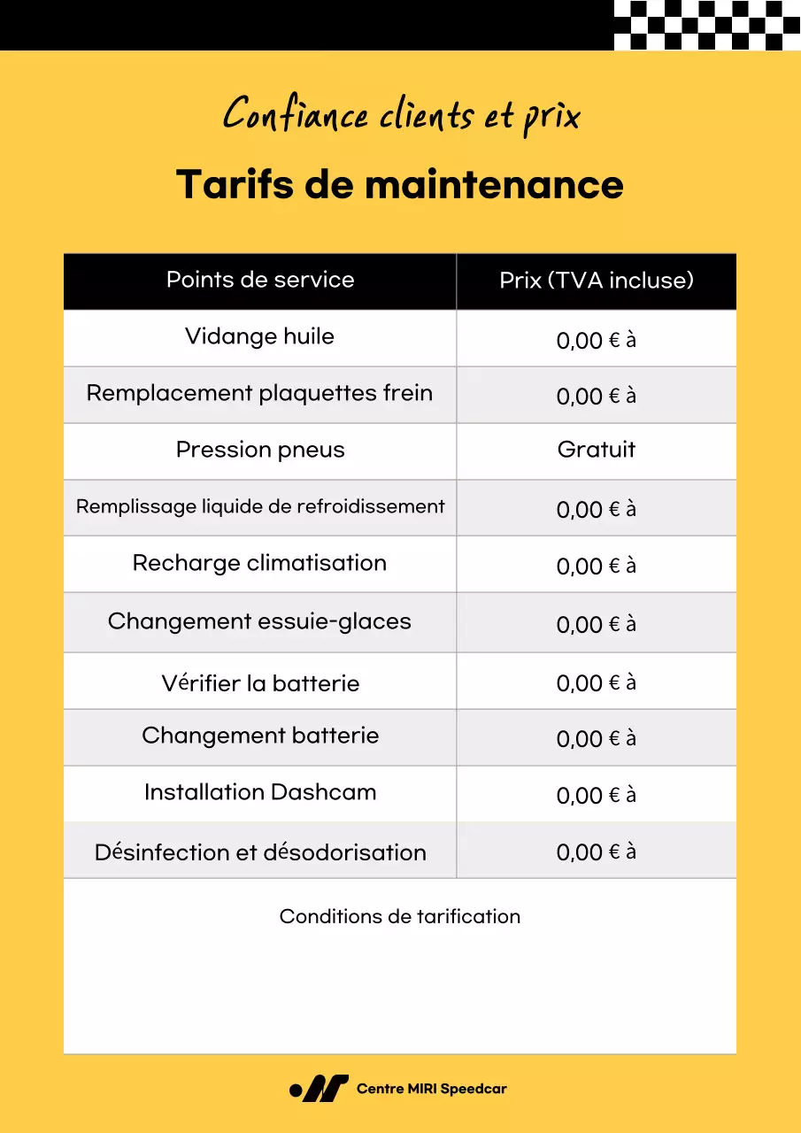 Liste de prix de réparation automobile simple et jaune