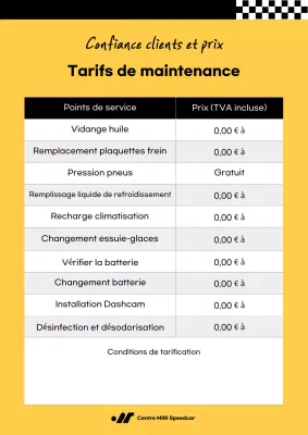 Liste de prix de réparation automobile simple et jaune