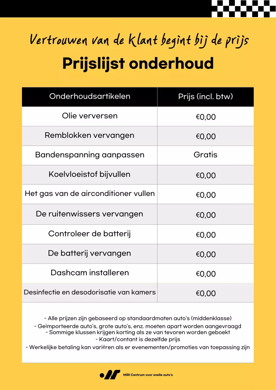 Gele eenvoudige autoreparatieprijslijst