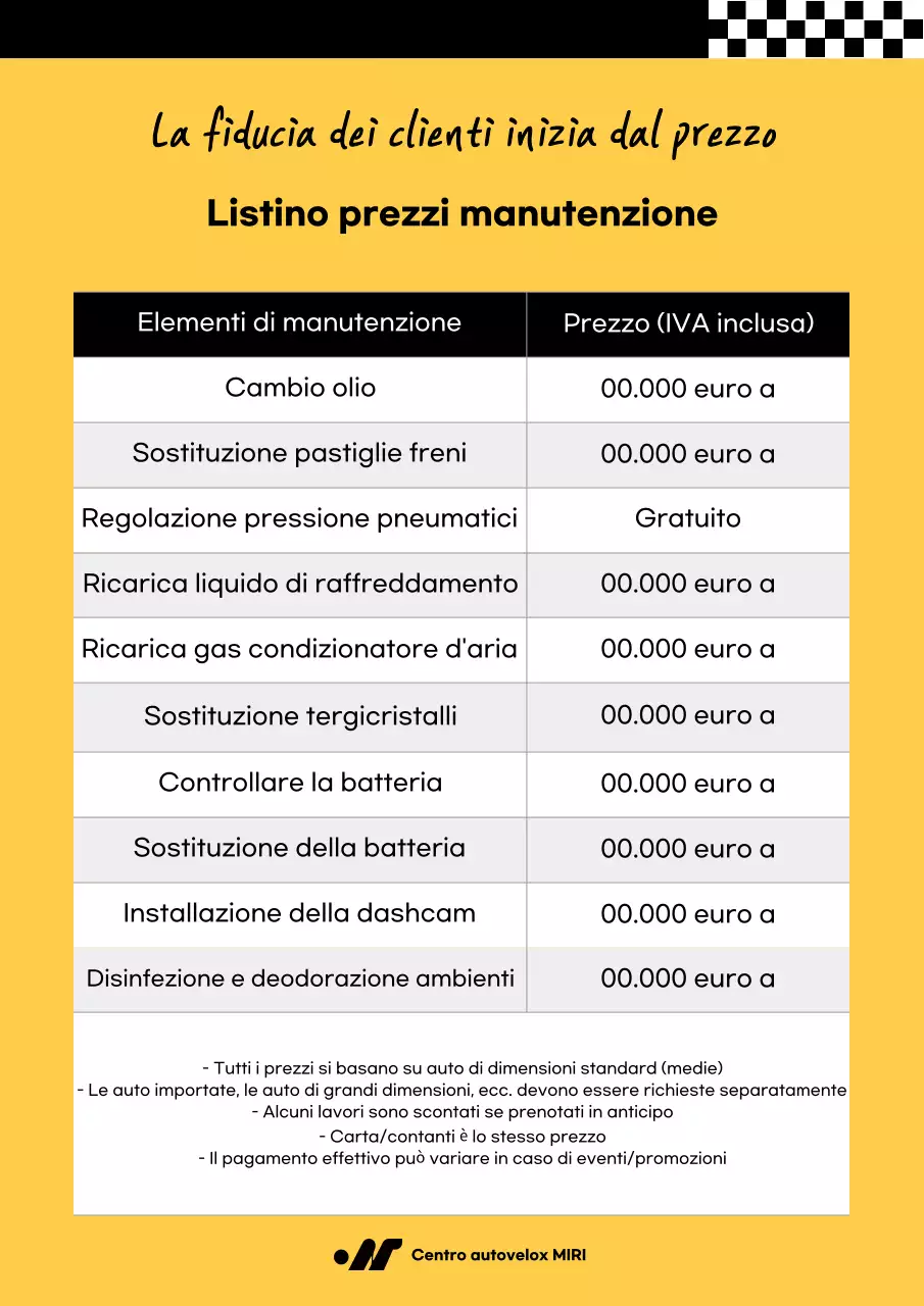 Listino prezzi per riparazioni auto semplici gialle