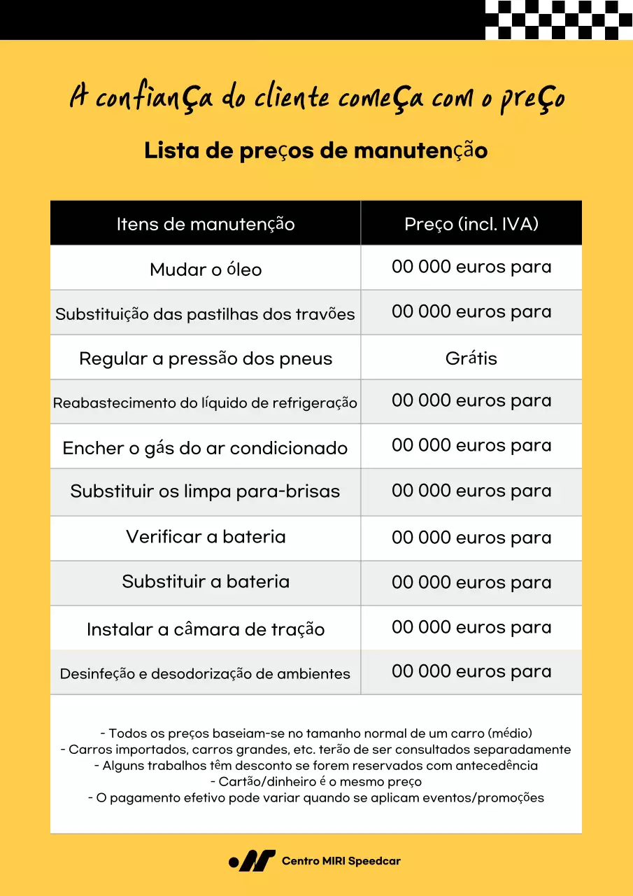 Lista de Preços de Reparos Automotivos Simples Amarelos