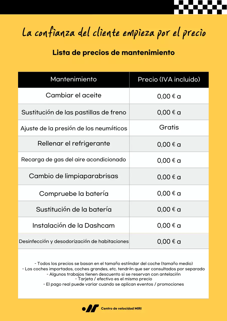 Lista de precios de reparación de automóviles simple amarilla