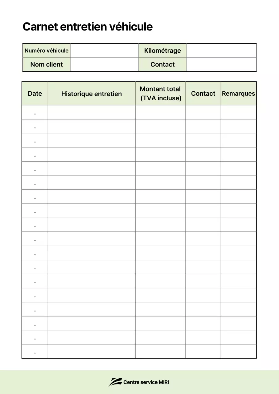 Journal d'entretien de base du véhicule vert
