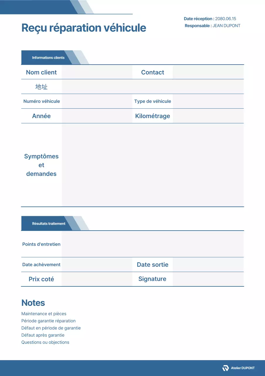 Document bleu simple de réparation de véhicule