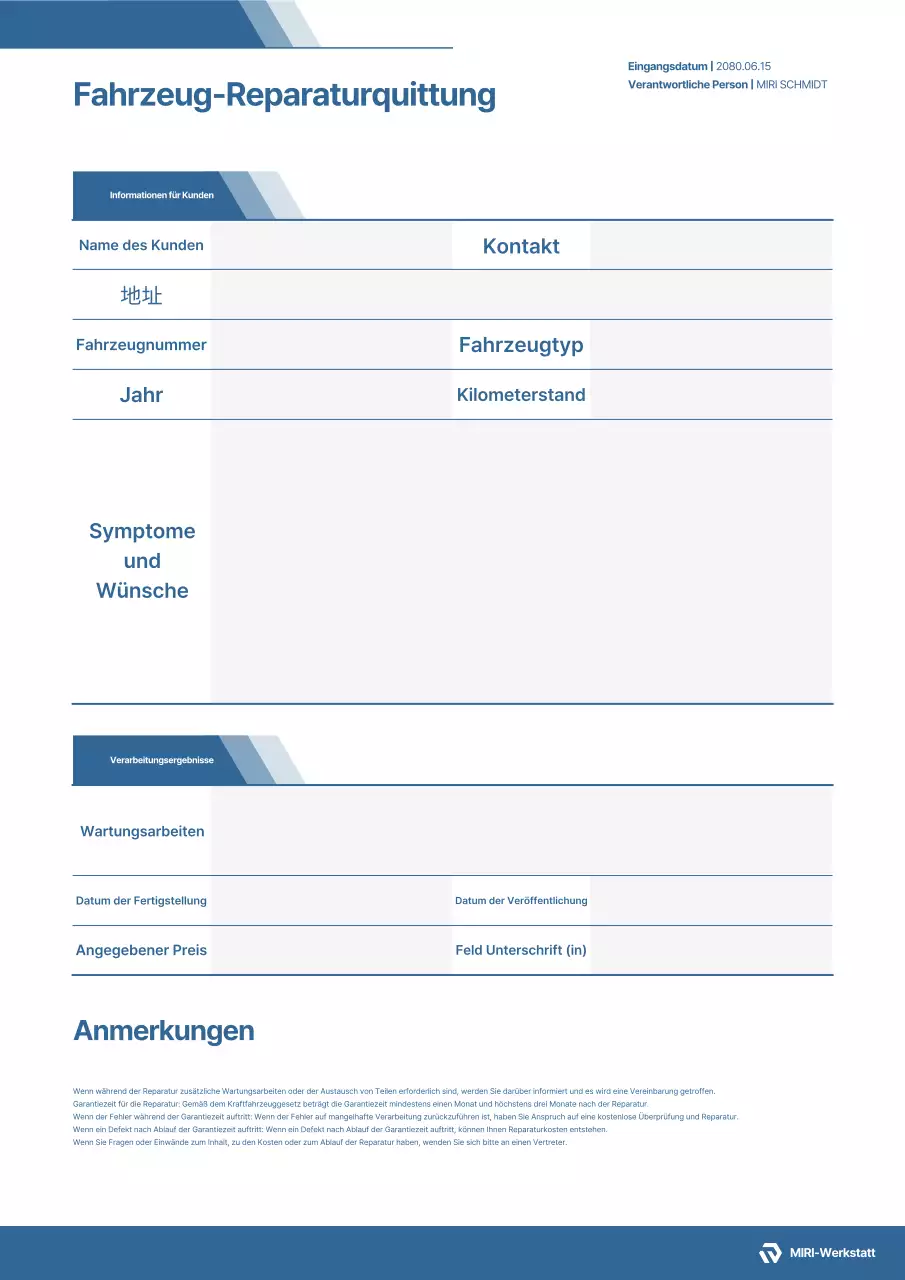 Blaues einfaches Fahrzeugreparaturdokument