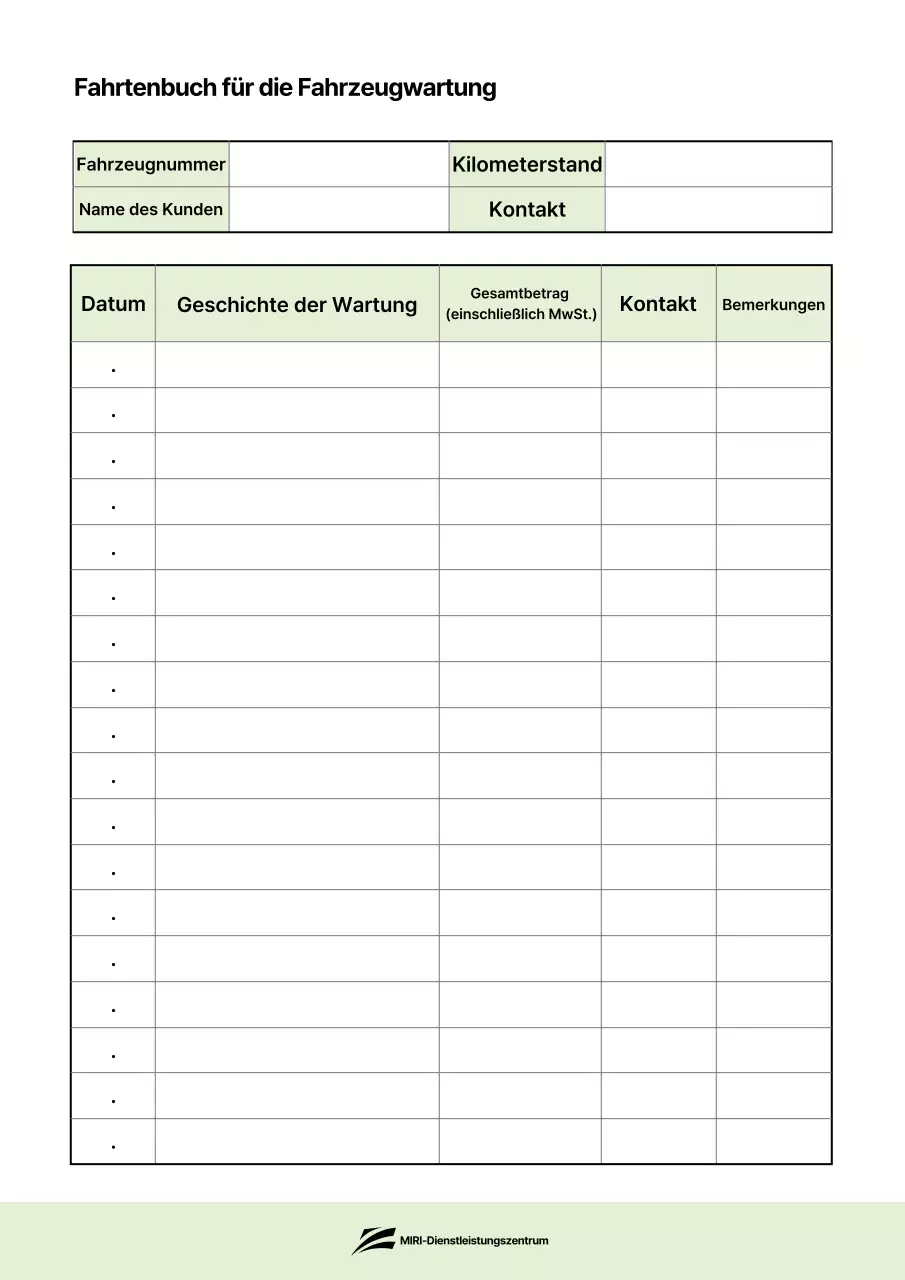 Grünes Basis-Fahrzeugwartungsprotokoll