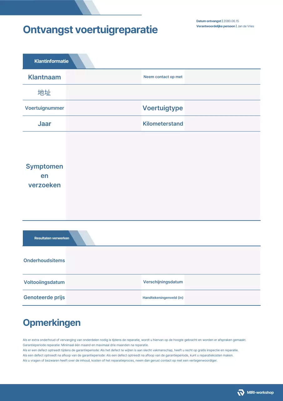 Blauw eenvoudig voertuigreparatiedocument