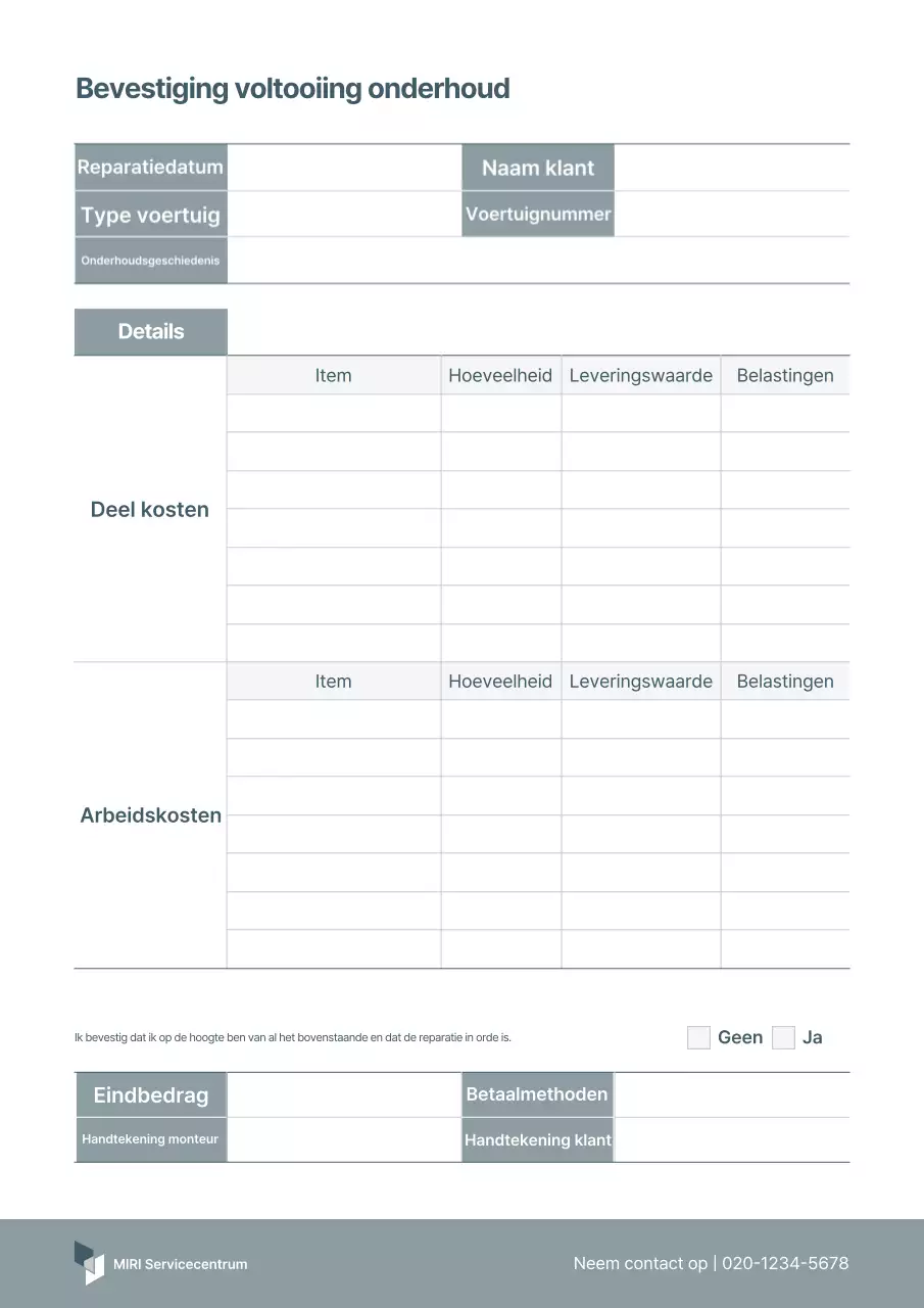 Certificaat van voltooiing van grijs basisonderhoud van voertuigen