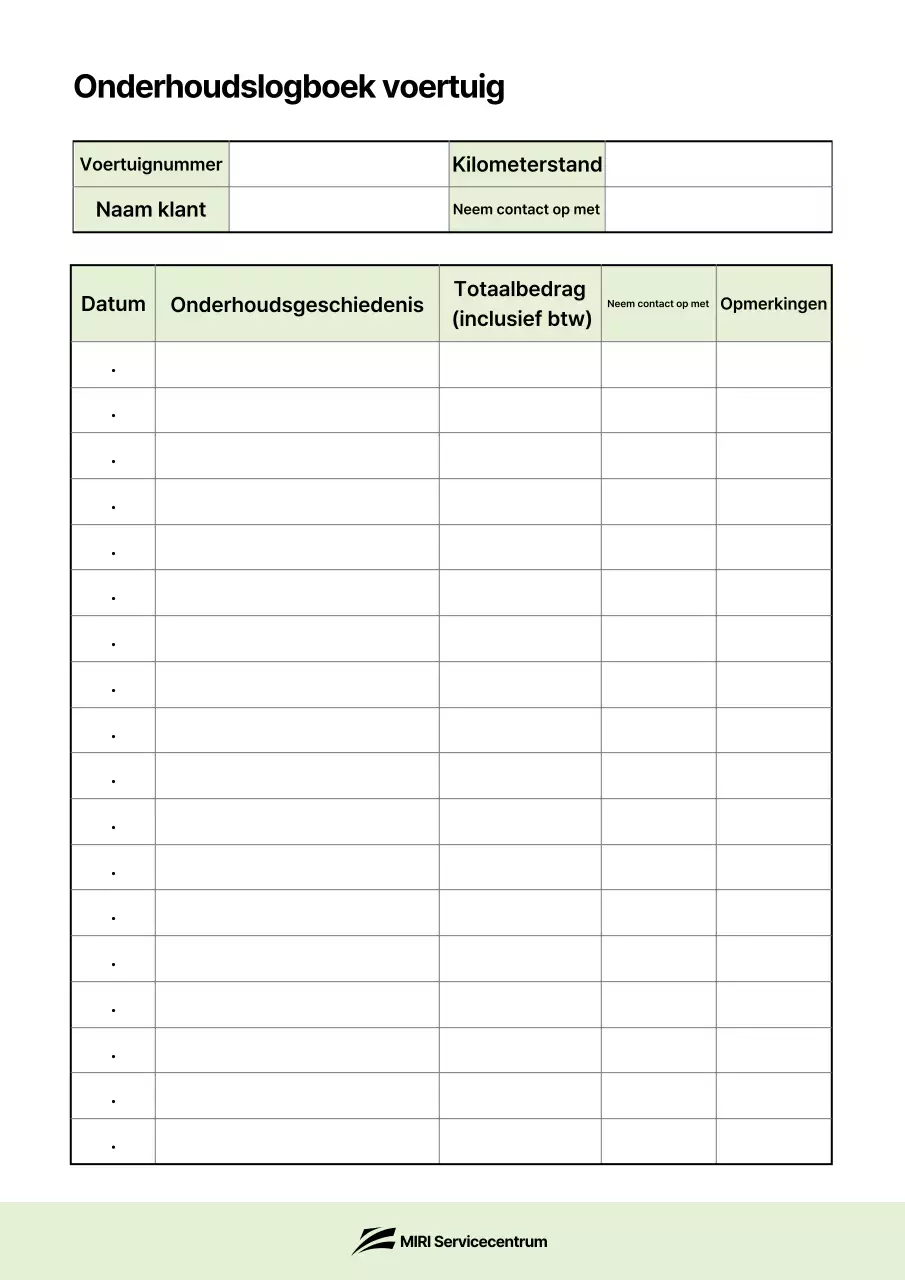 Groen Basis Voertuig Onderhoudslogboek
