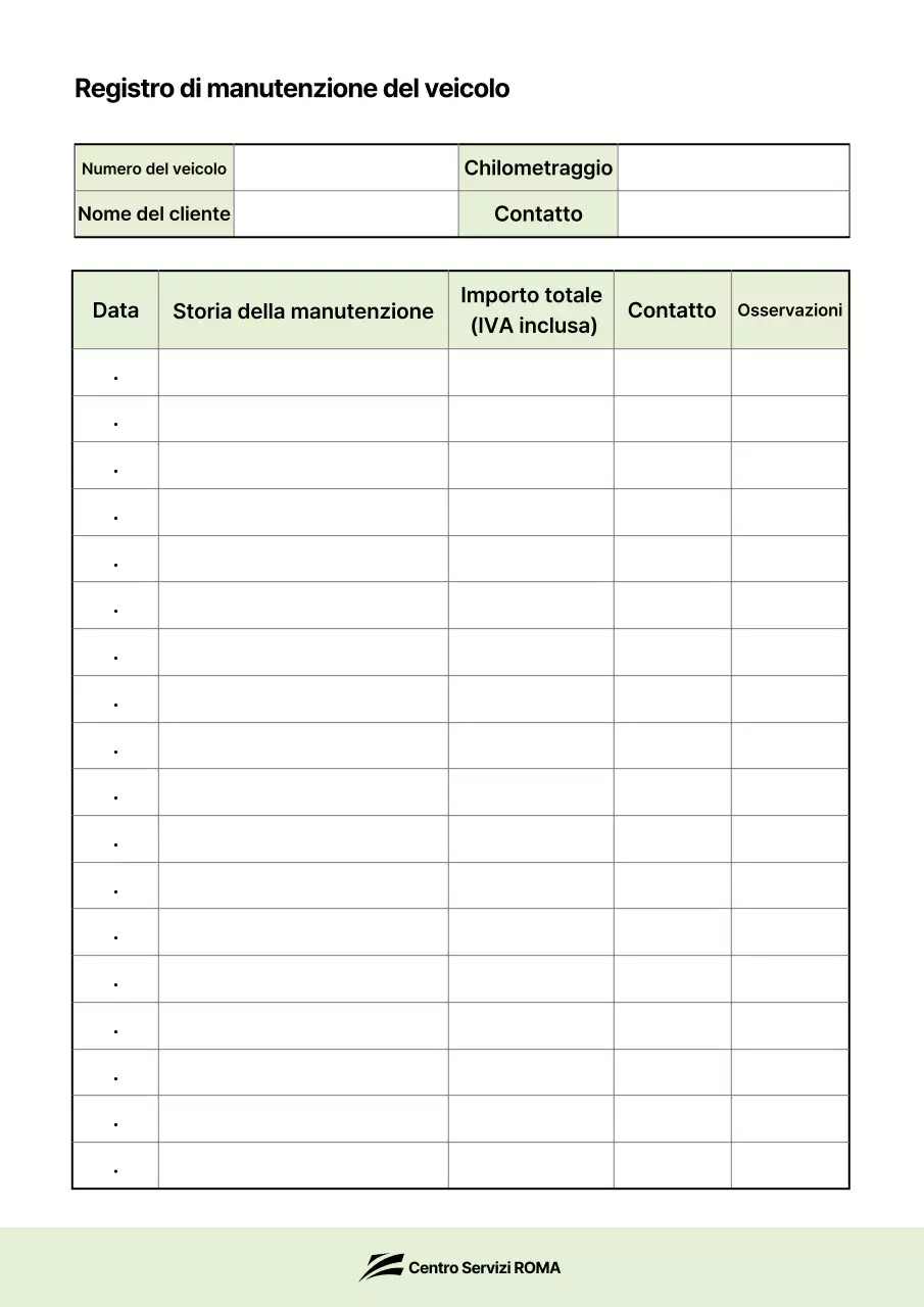 Registro di manutenzione del veicolo di base verde