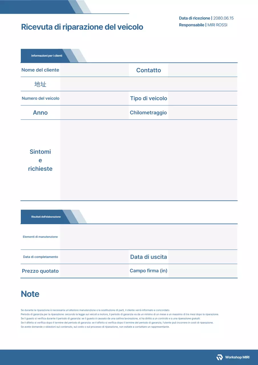 Documento di riparazione del veicolo semplice blu