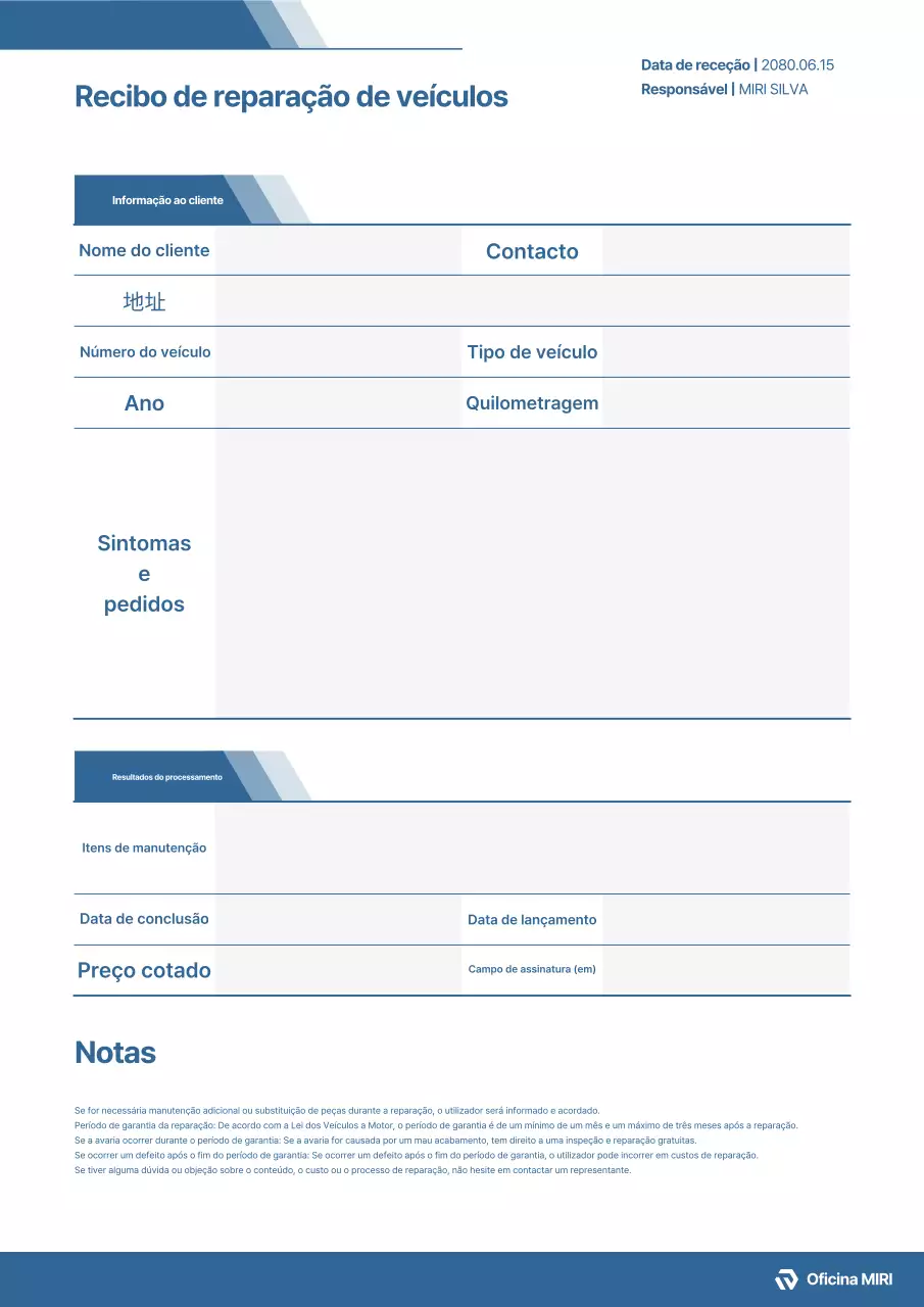 Documento Simples de Reparo de Veículo Azul