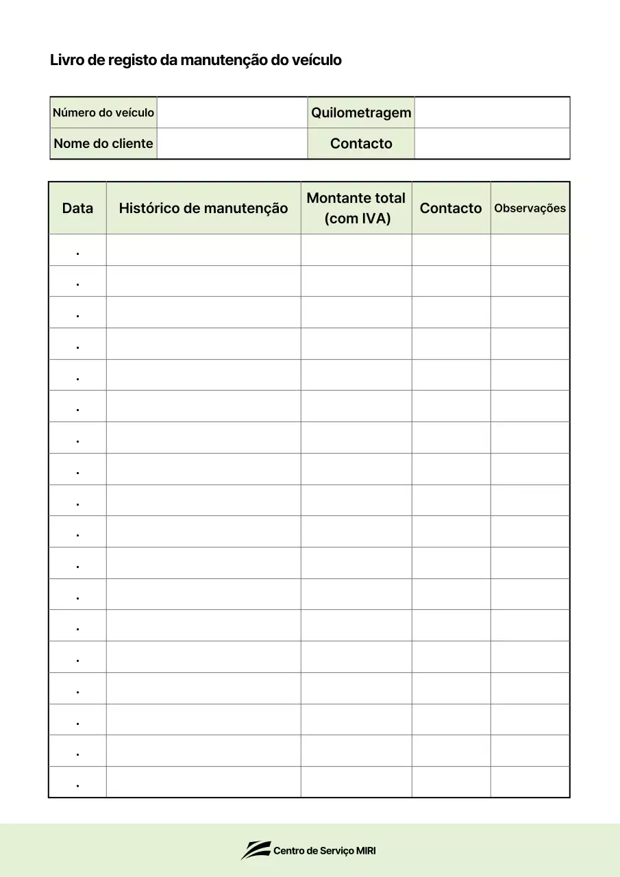 Registro de Manutenção Básica Verde do Veículo