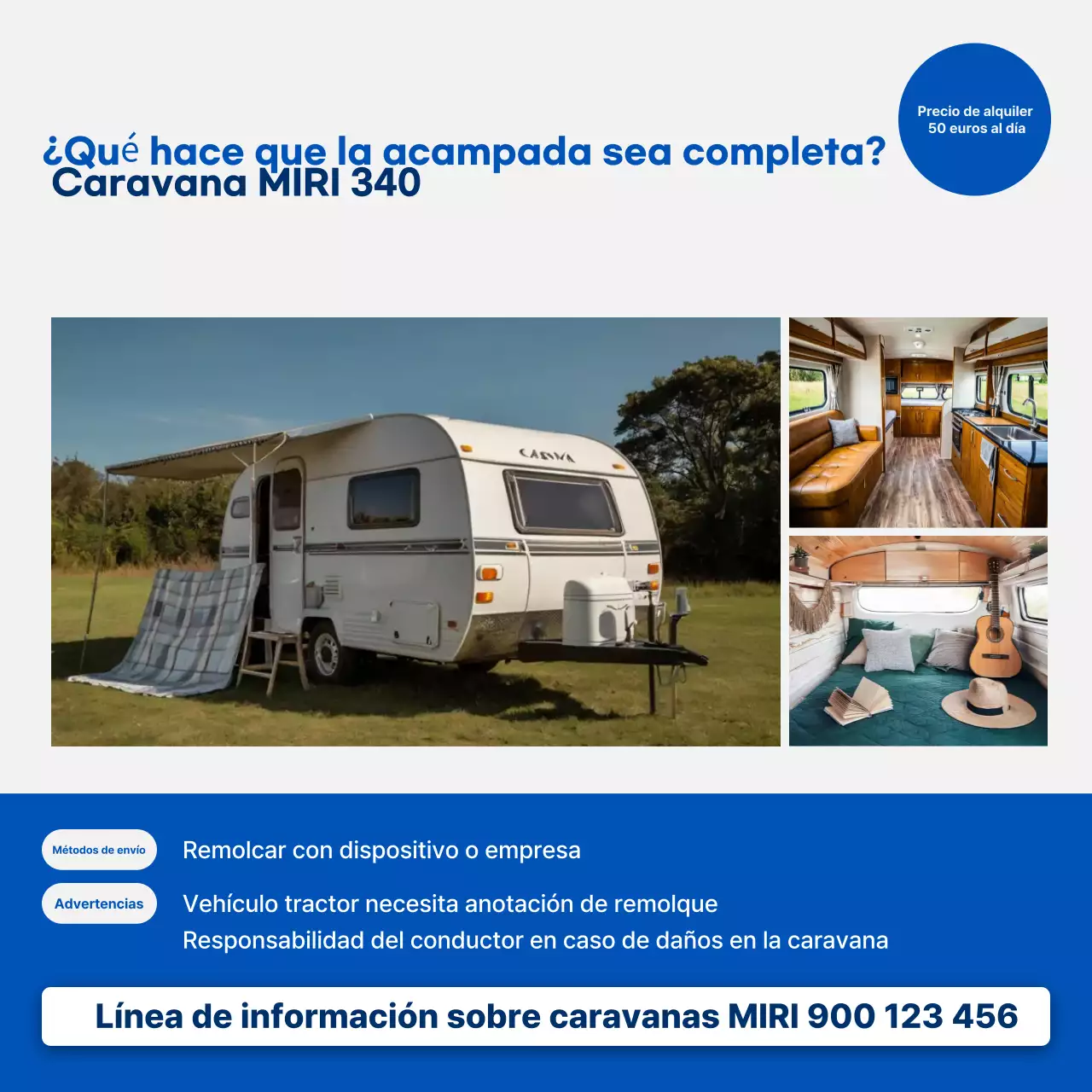 Anuncio de furgoneta camper moderna azul
